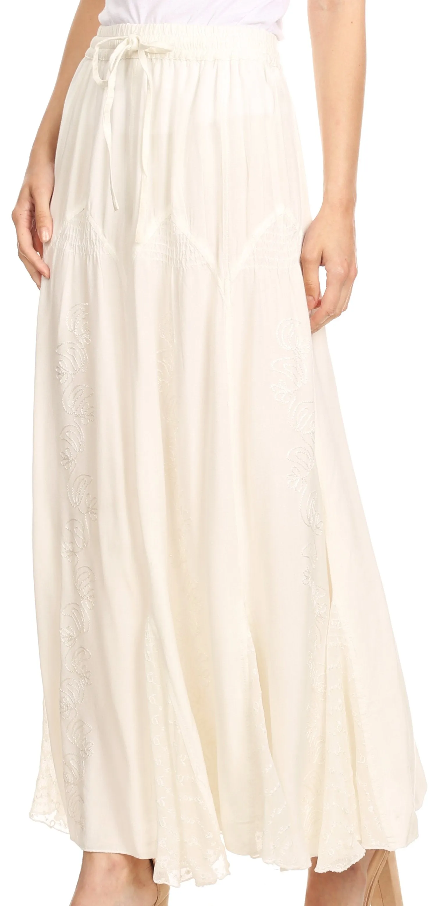 Sakkas Olivia Womens Maxi Bohemian Gypsy Long Skirt With Elastic Waist and Lace