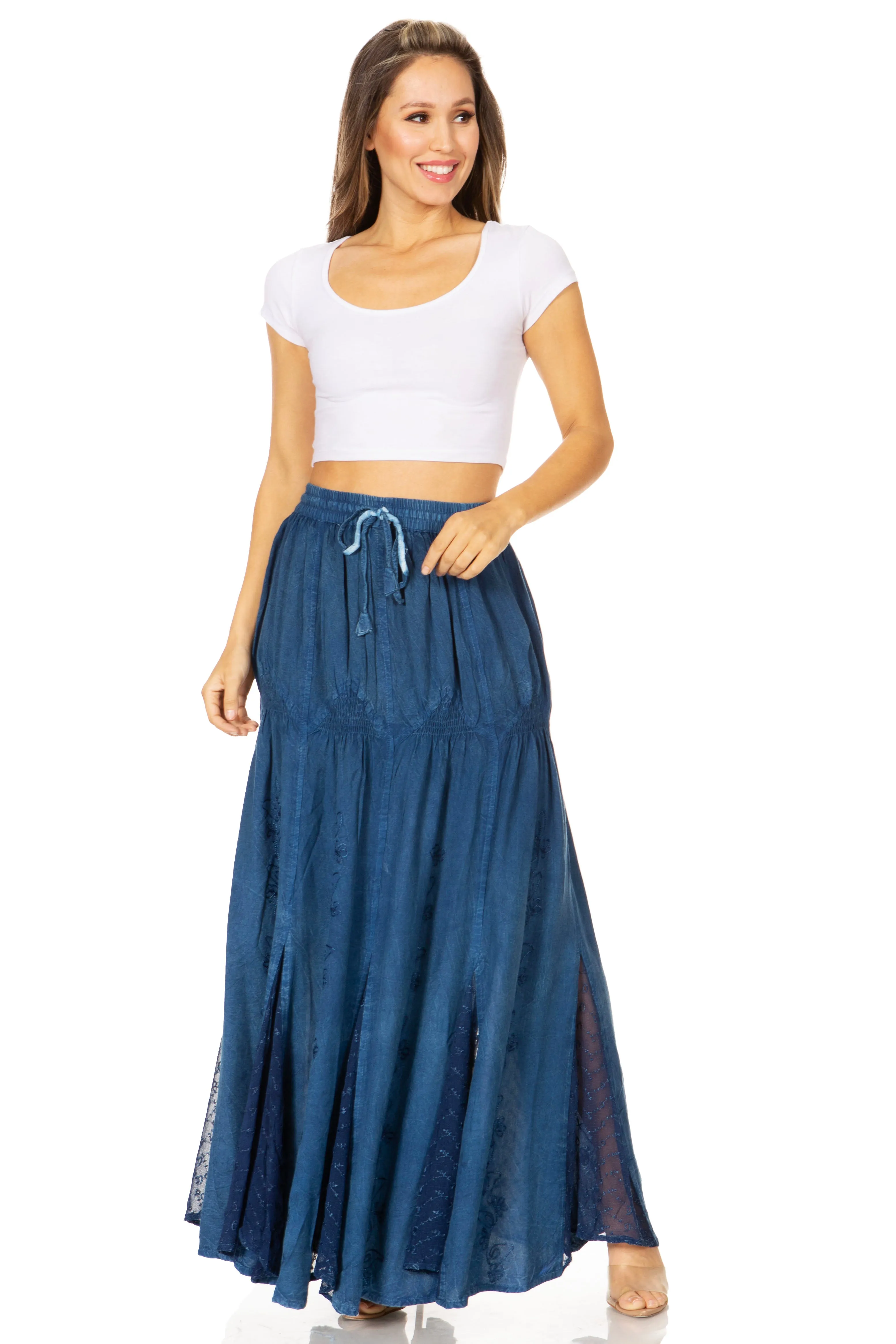 Sakkas Olivia Womens Maxi Bohemian Gypsy Long Skirt With Elastic Waist and Lace