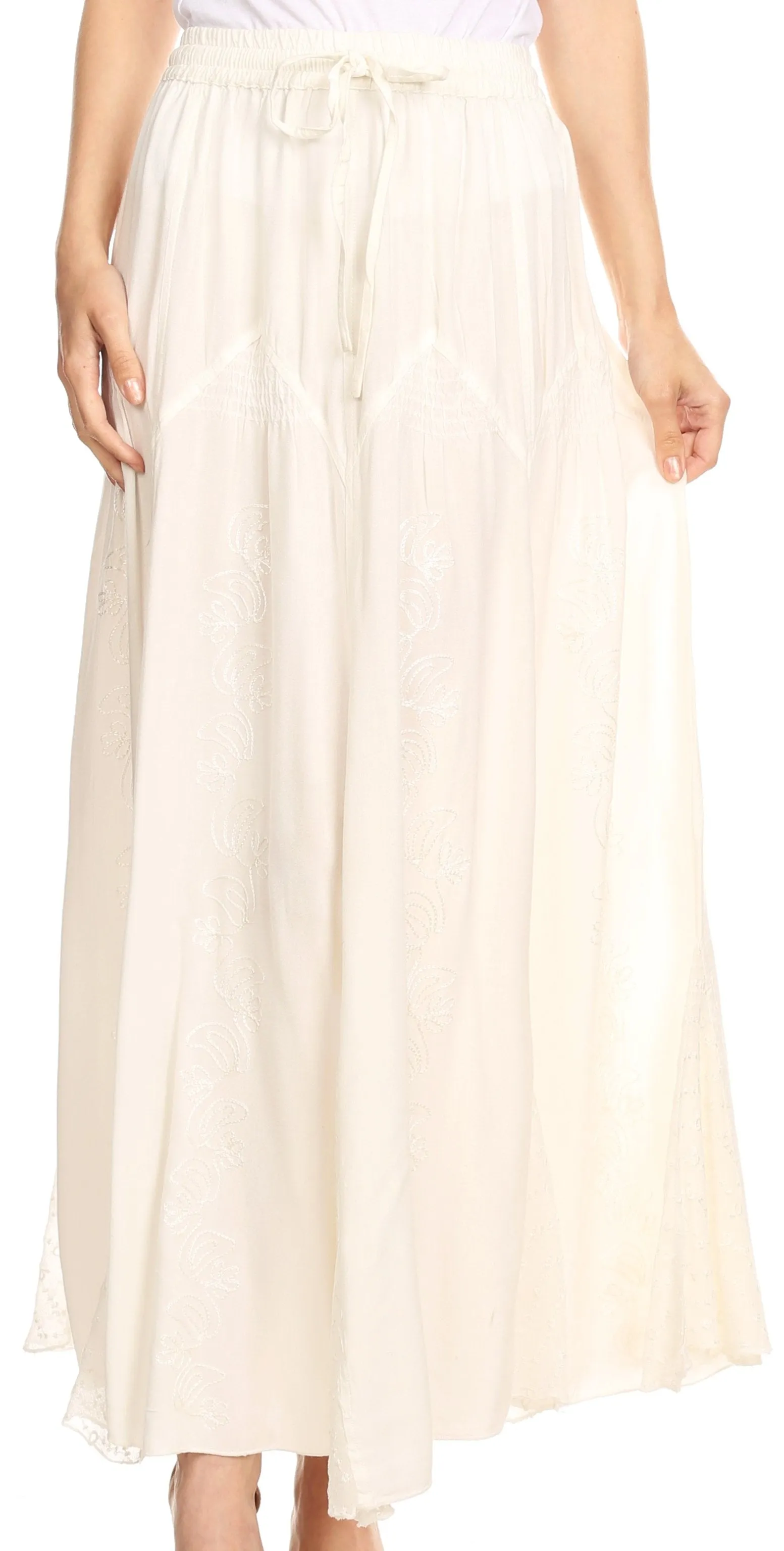 Sakkas Olivia Womens Maxi Bohemian Gypsy Long Skirt With Elastic Waist and Lace