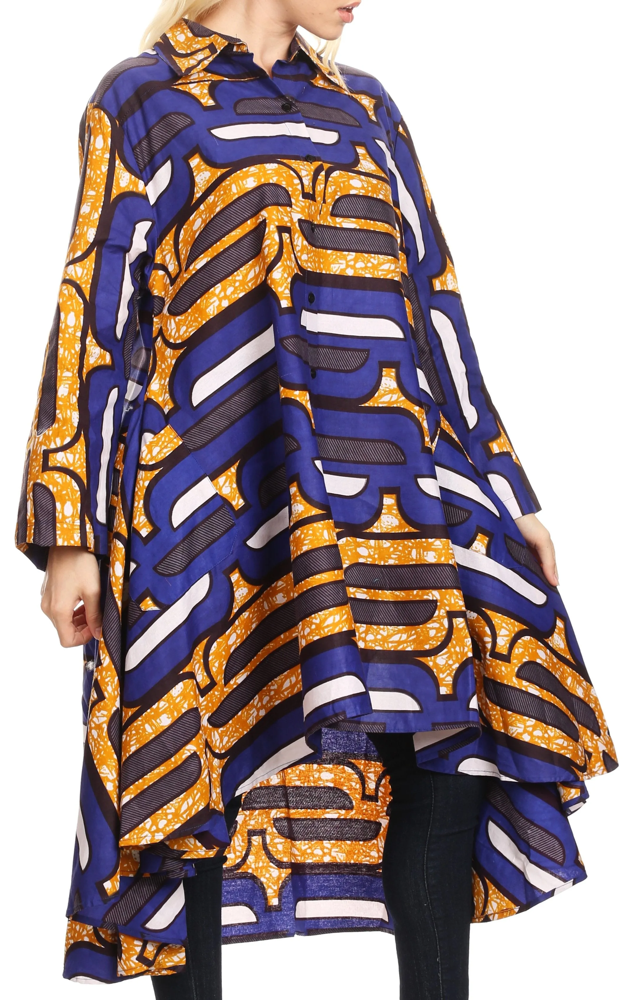 Sakkas Sol Womens Summer Swing Loose Dress African Print Roll up Sleeve Button