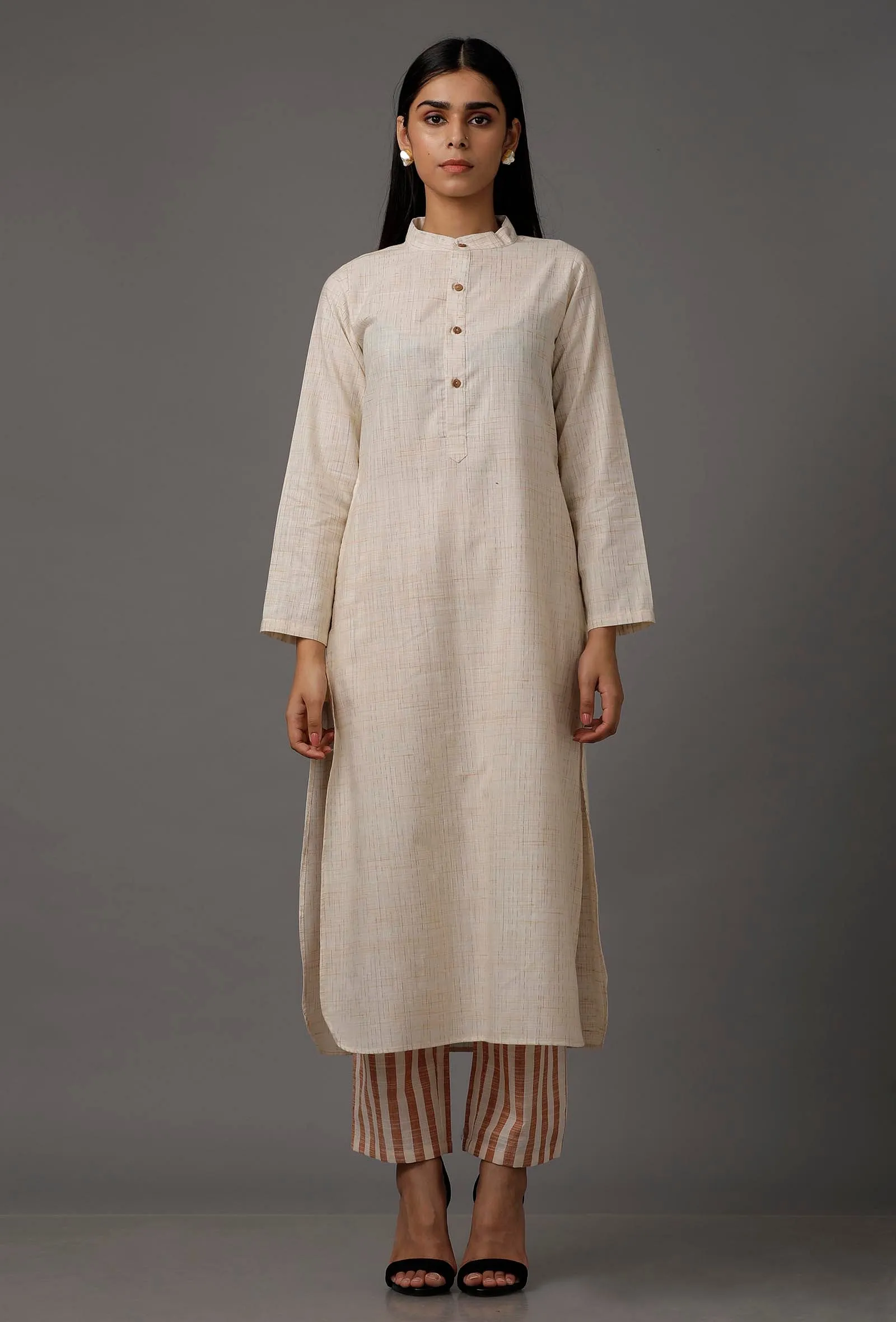 Set of 2: White Pure Woven Cotton Kurta and Stripe Pants