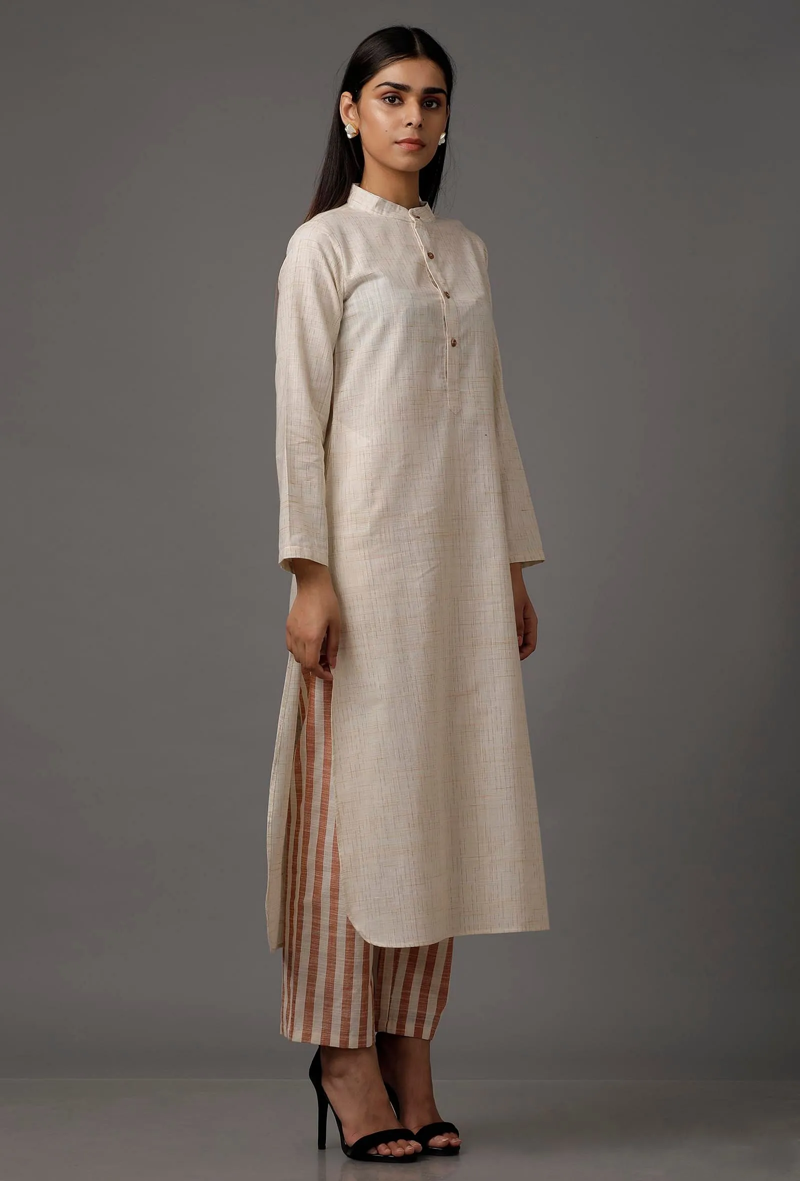 Set of 2: White Pure Woven Cotton Kurta and Stripe Pants