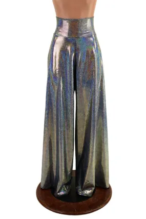 Silver Holographic High Waist Wide Leg Pants with Back Pockets