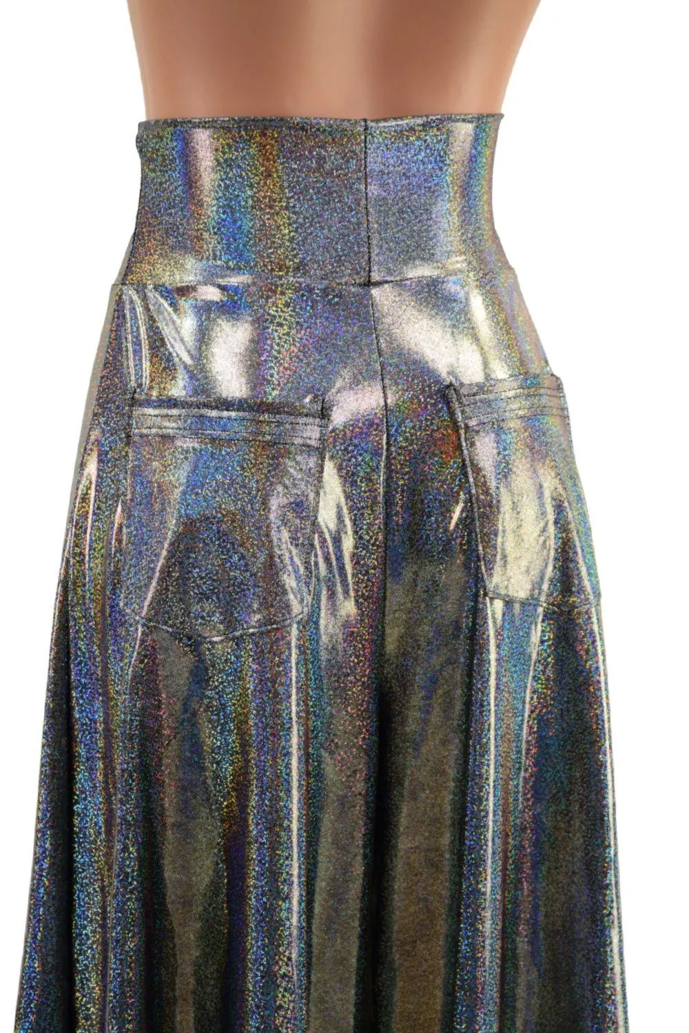 Silver Holographic High Waist Wide Leg Pants with Back Pockets