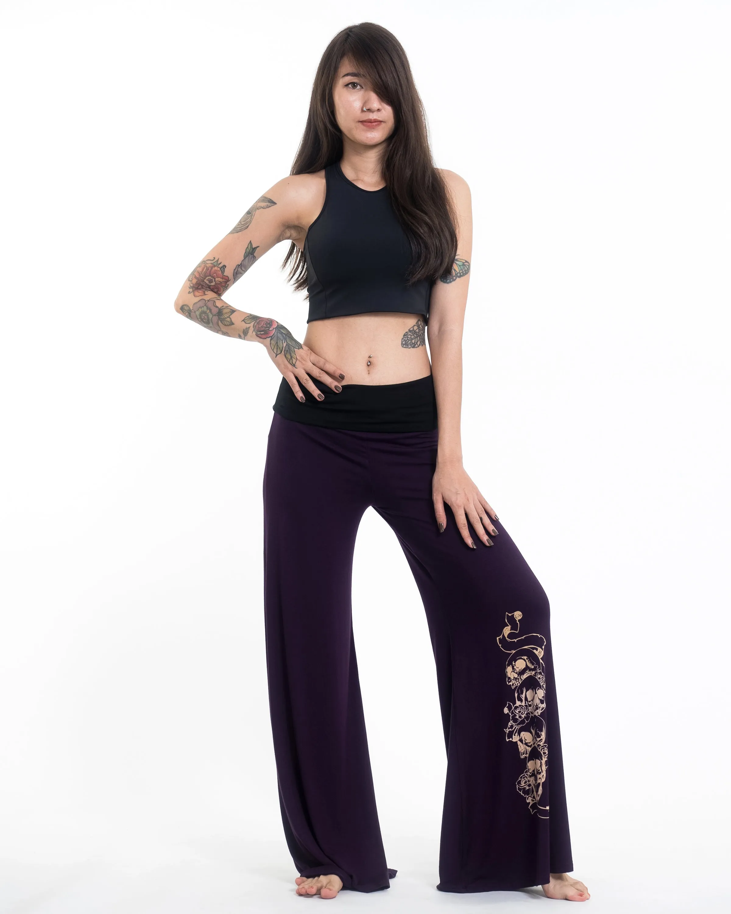 Skulls Spandex Wide Leg Palazzo Pants in Purple