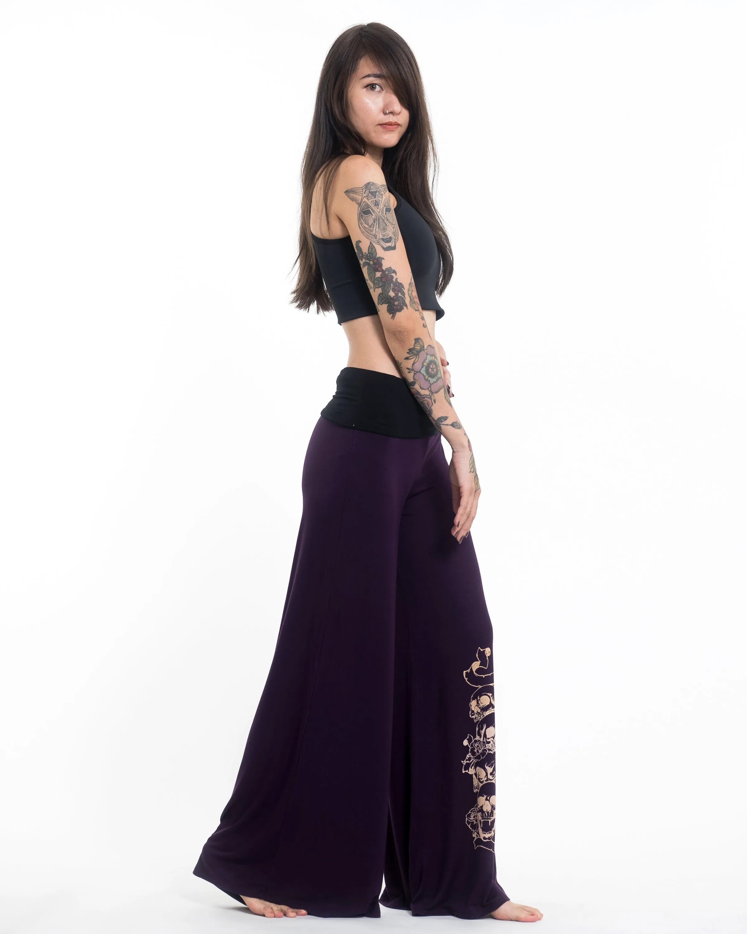 Skulls Spandex Wide Leg Palazzo Pants in Purple