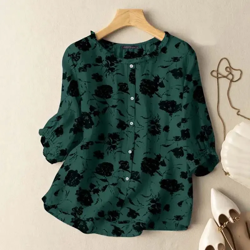 Summer Vintage Floral Printed Shirts ZANZEA Bohemian Female Blouse Casual O Neck 3/4 Sleeve Tops Work Holiday Shirt Tunic Blusas