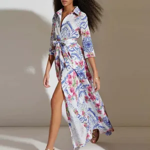 Turn-down Collar Tie Up Long Bohemian Pattern Print Summer Female Casual Half Sleeved Split Shirt Floral Elegant Dress