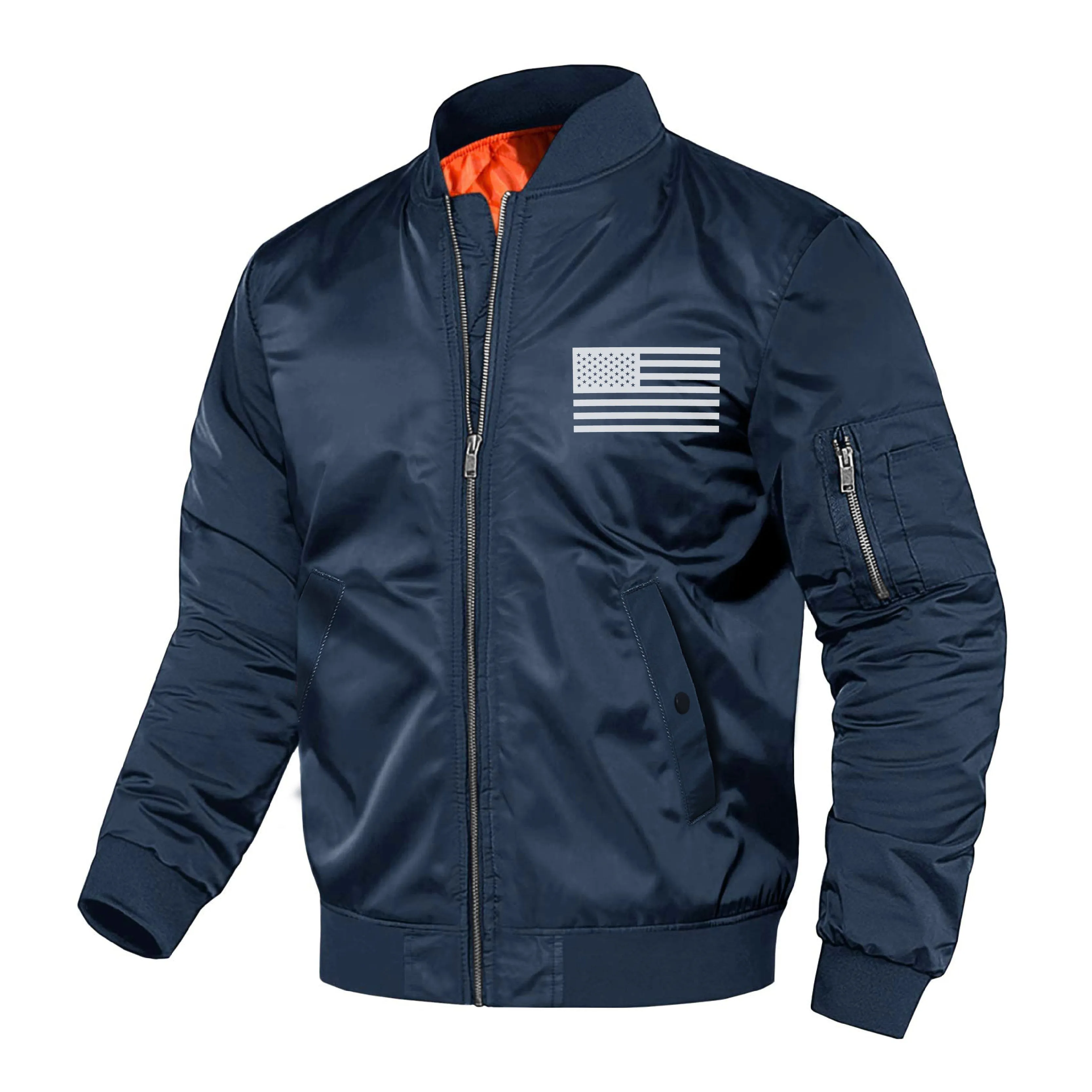 USA FLAG THICKEN WINDPROOF QUILTED ZIPPER POCKET GRAPHIC BOMBER JACKET