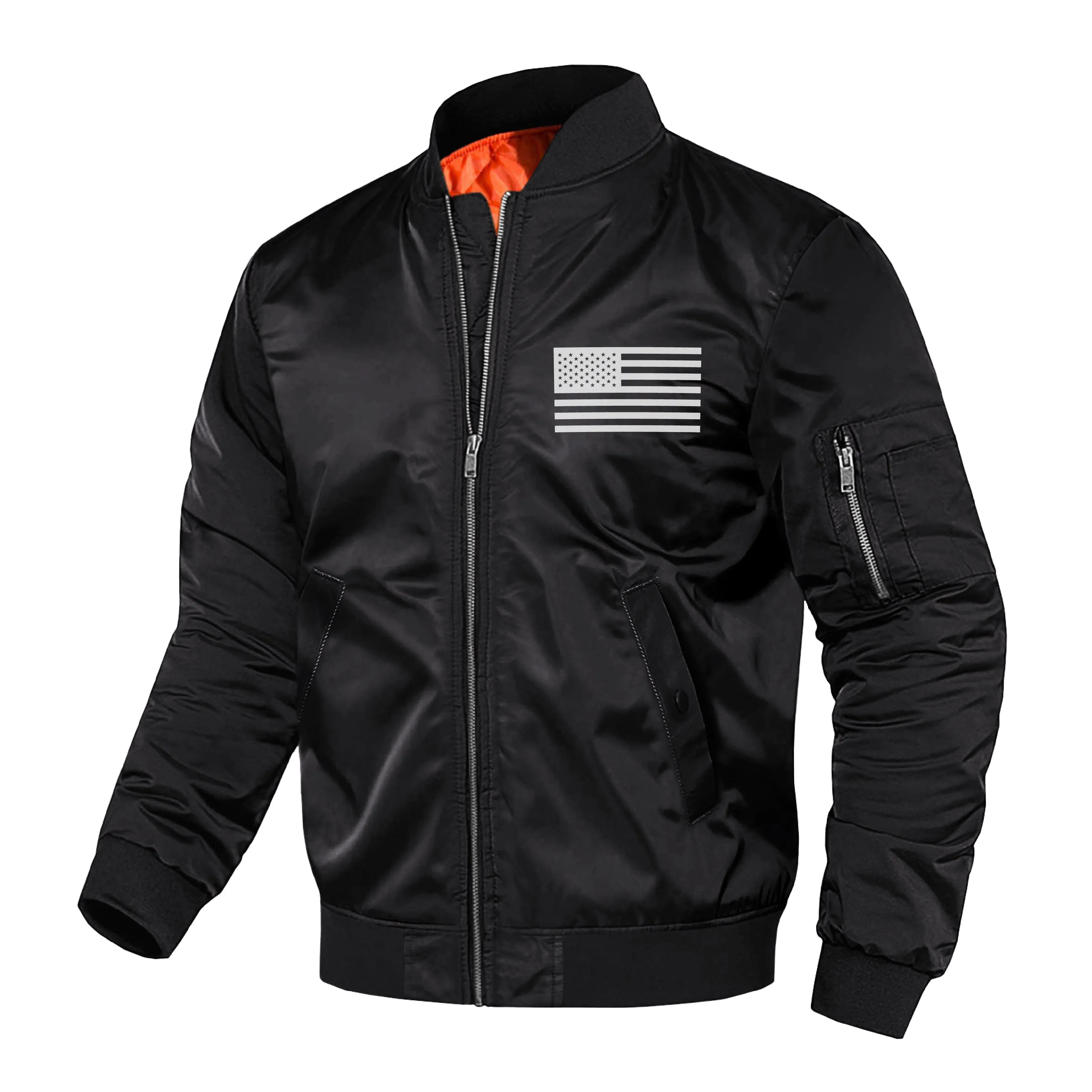 USA FLAG THICKEN WINDPROOF QUILTED ZIPPER POCKET GRAPHIC BOMBER JACKET