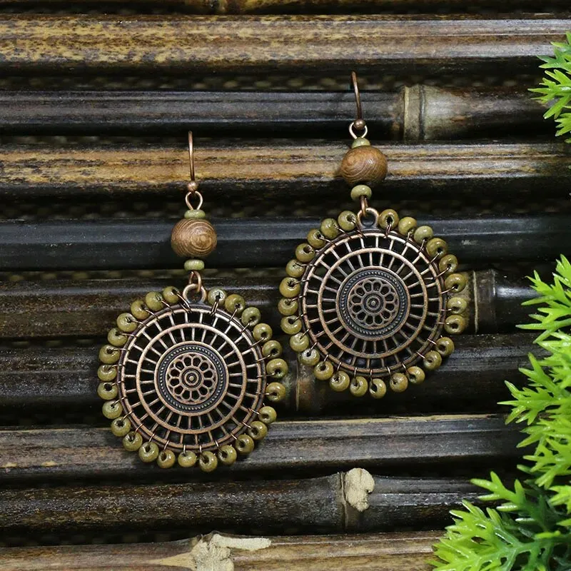 Vintage Bohemian Ethnic Wooden Drop Dangle Earrings