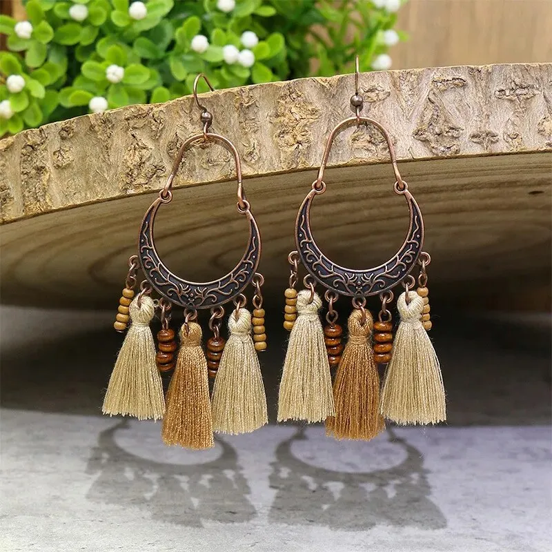 Vintage Bohemian Ethnic Wooden Drop Dangle Earrings