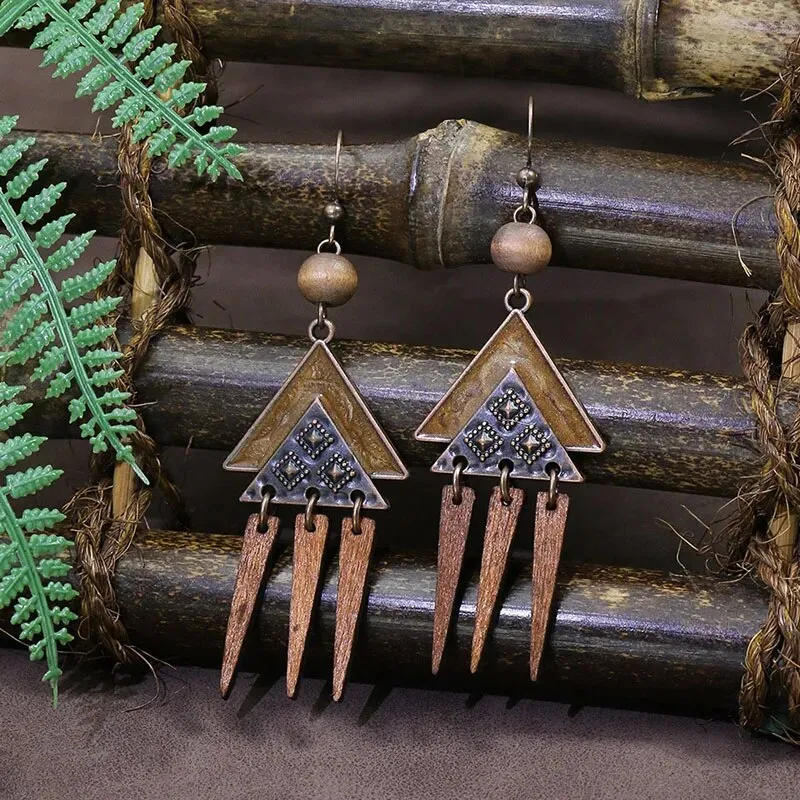 Vintage Bohemian Ethnic Wooden Drop Dangle Earrings