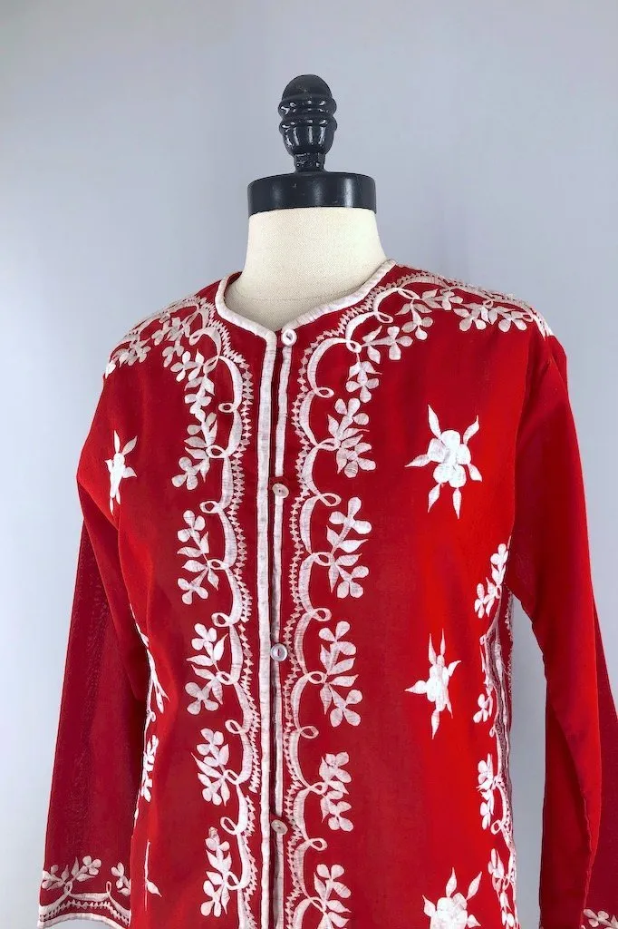 Vintage Red Embroidered Tunic Shirt