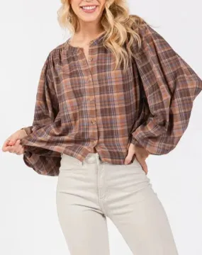 Walnut Woods Balloon Sleeve Plaid Button Up Blouse