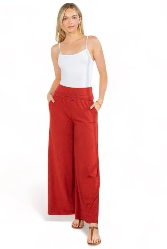 Wide Leg Ribbed Pants with Side Pockets