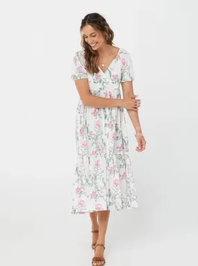 Woman Short Sleeves V neck Pink Floral Cotton Dress - Cecilia Dress