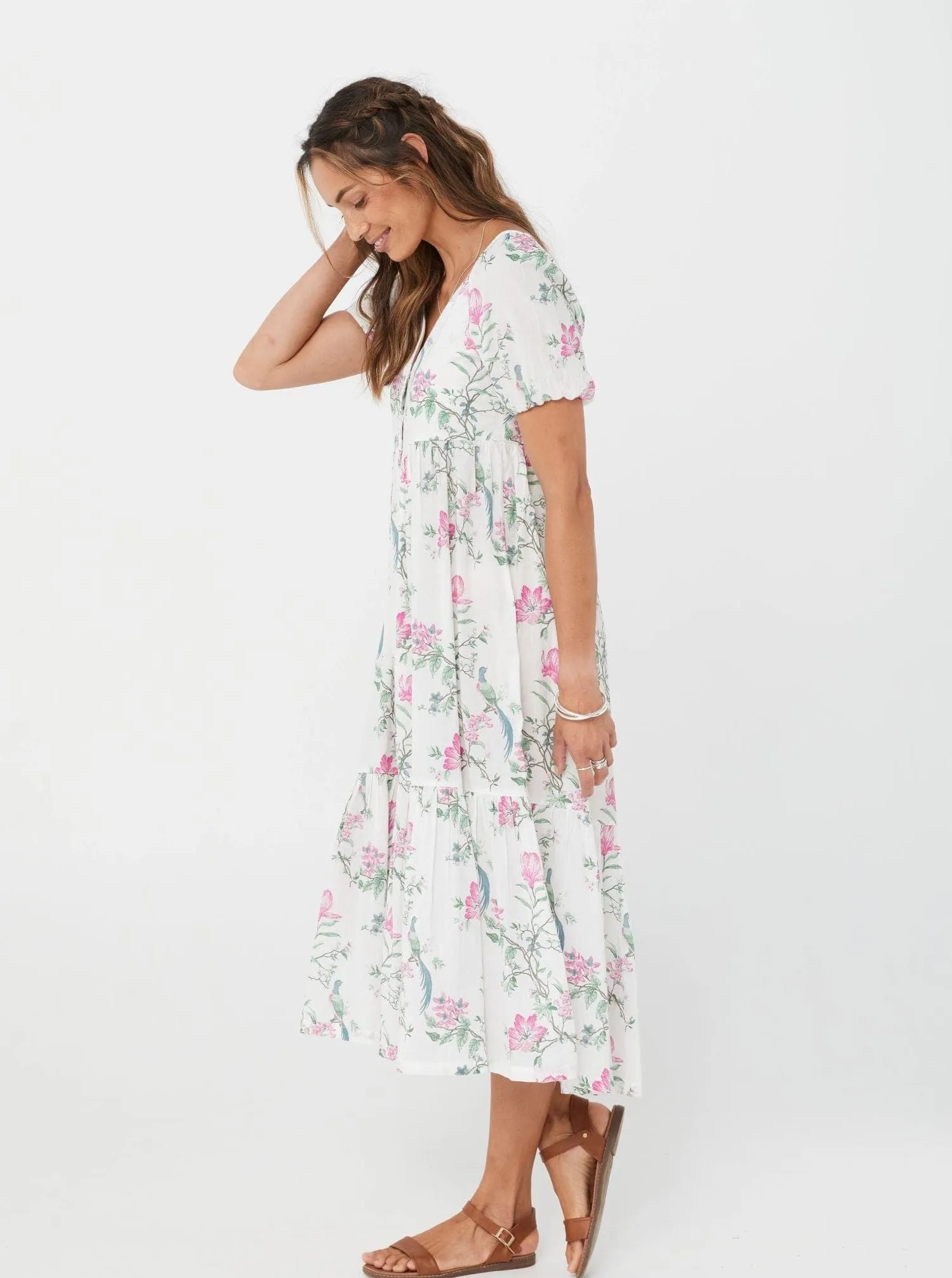 Woman Short Sleeves V neck Pink Floral Cotton Dress - Cecilia Dress