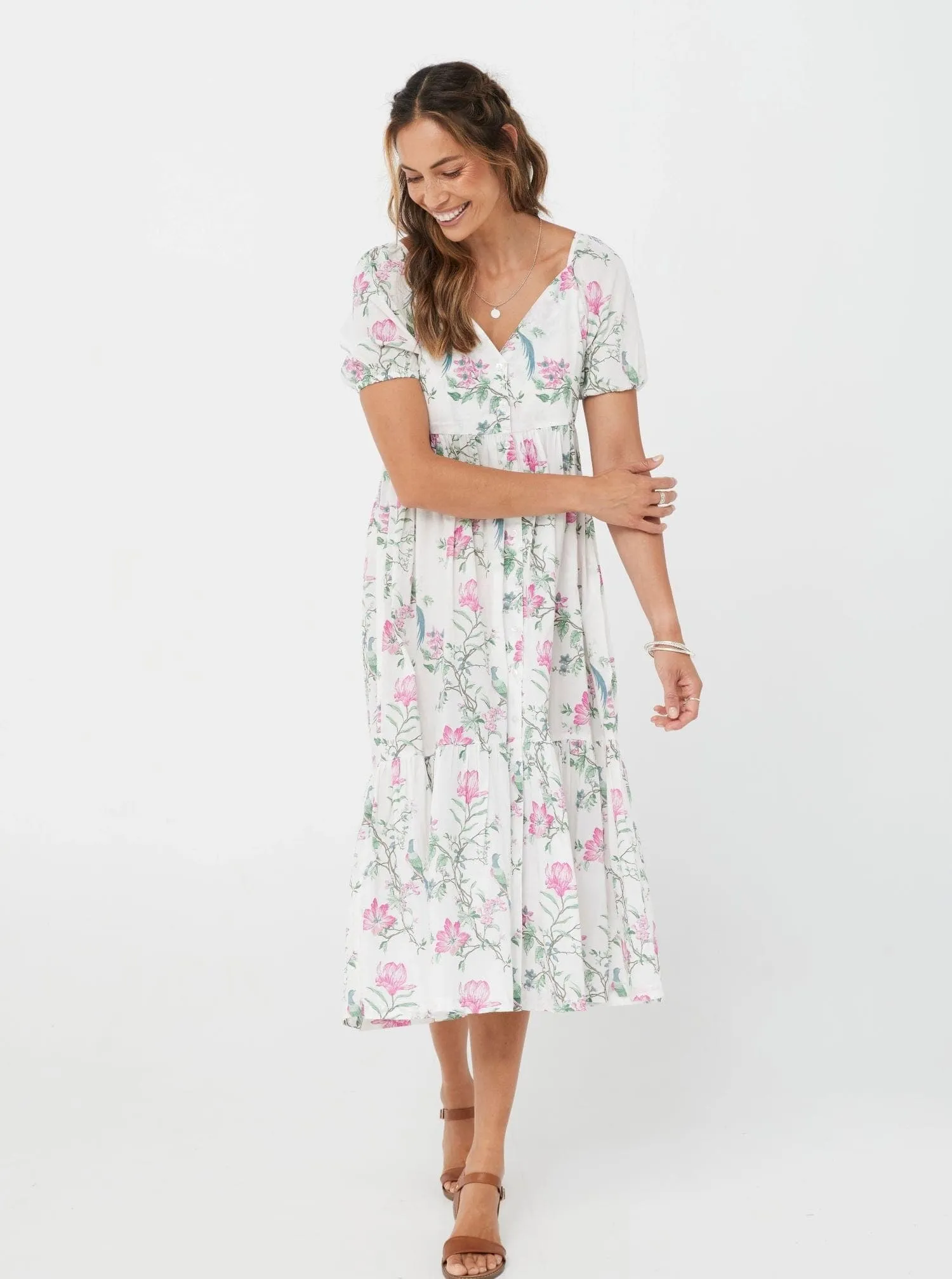 Woman Short Sleeves V neck Pink Floral Cotton Dress - Cecilia Dress