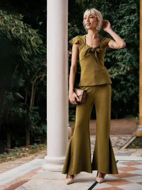 Women Olive Tie-Knot Top With Kick Pleat Pants