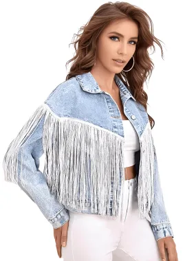 Women's Loose Tassel Washed Blue Denim Jacket - Now in Black Too!