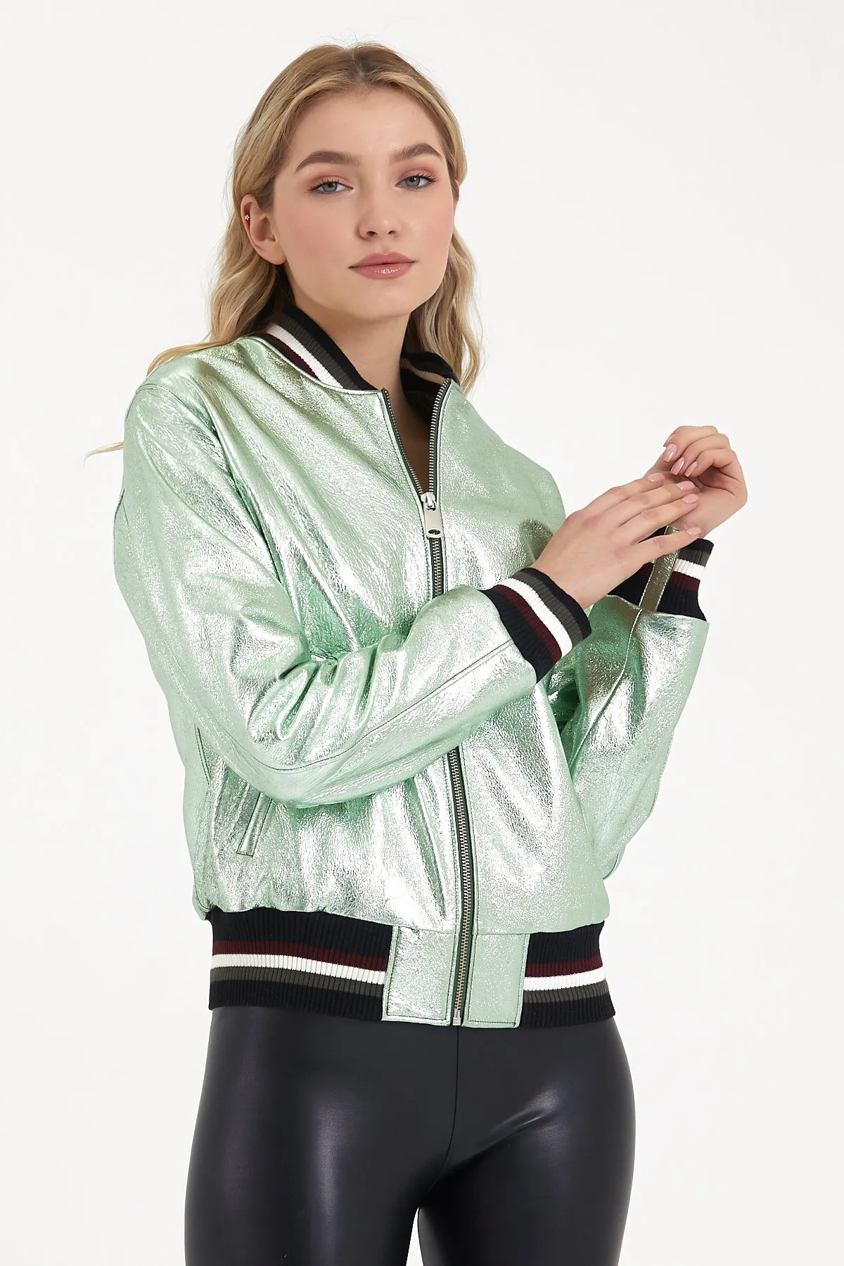 Women's metallic leather bomber