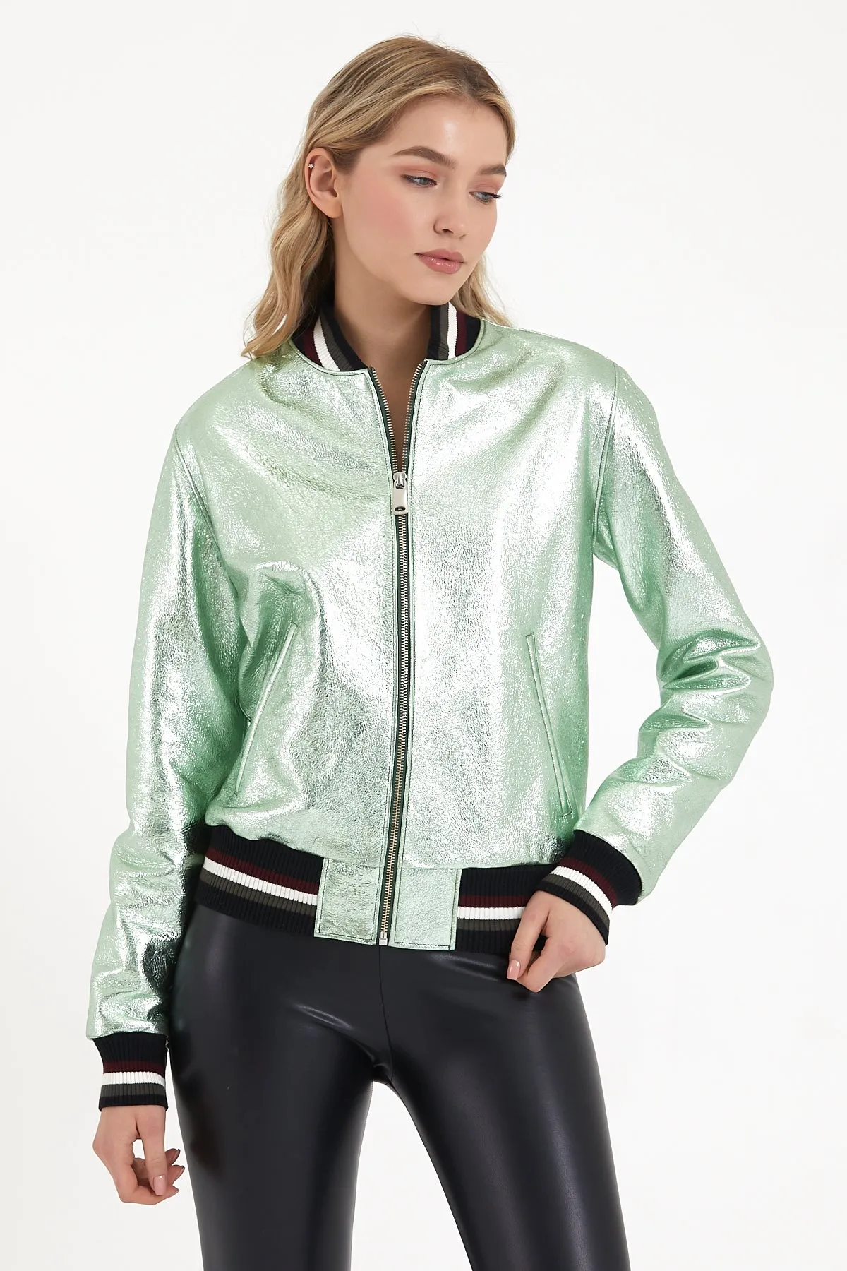 Women's metallic leather bomber