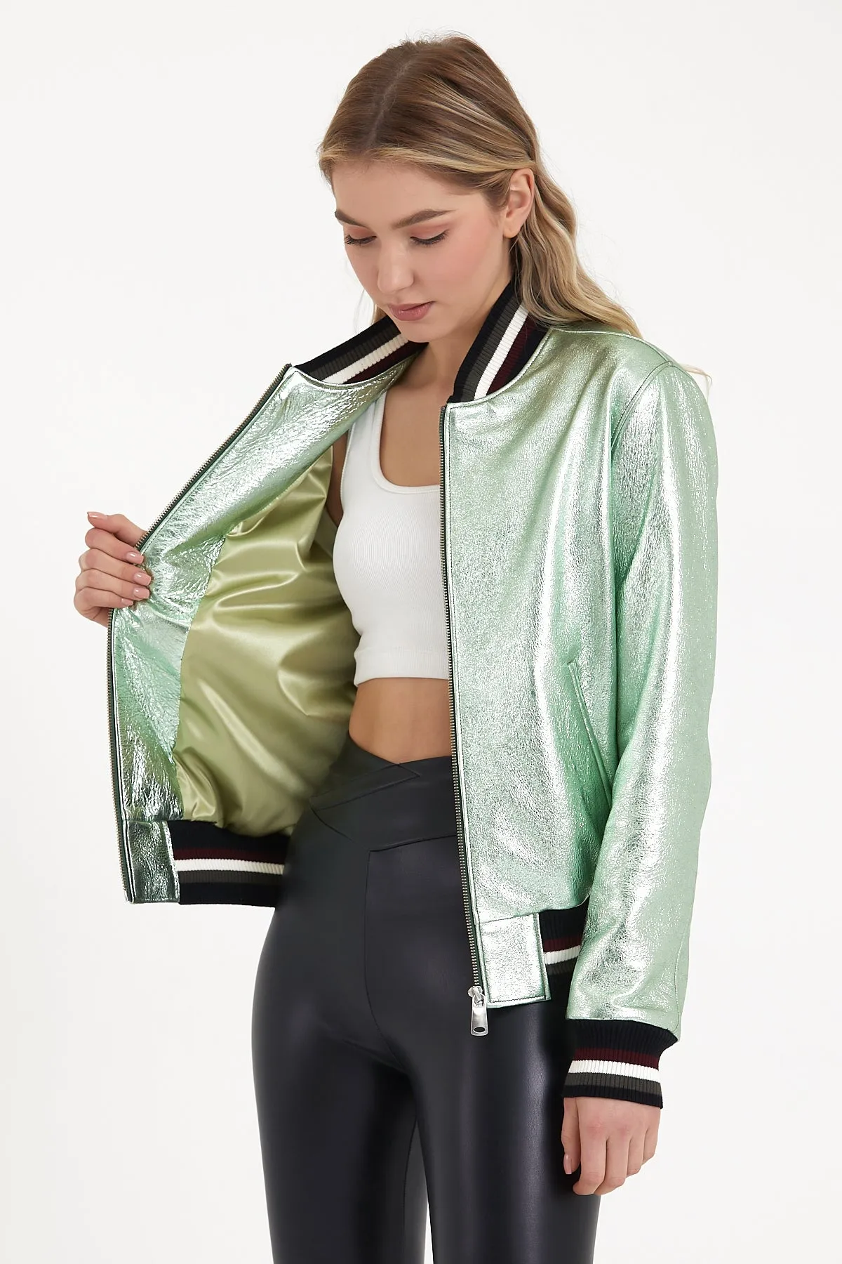 Women's metallic leather bomber