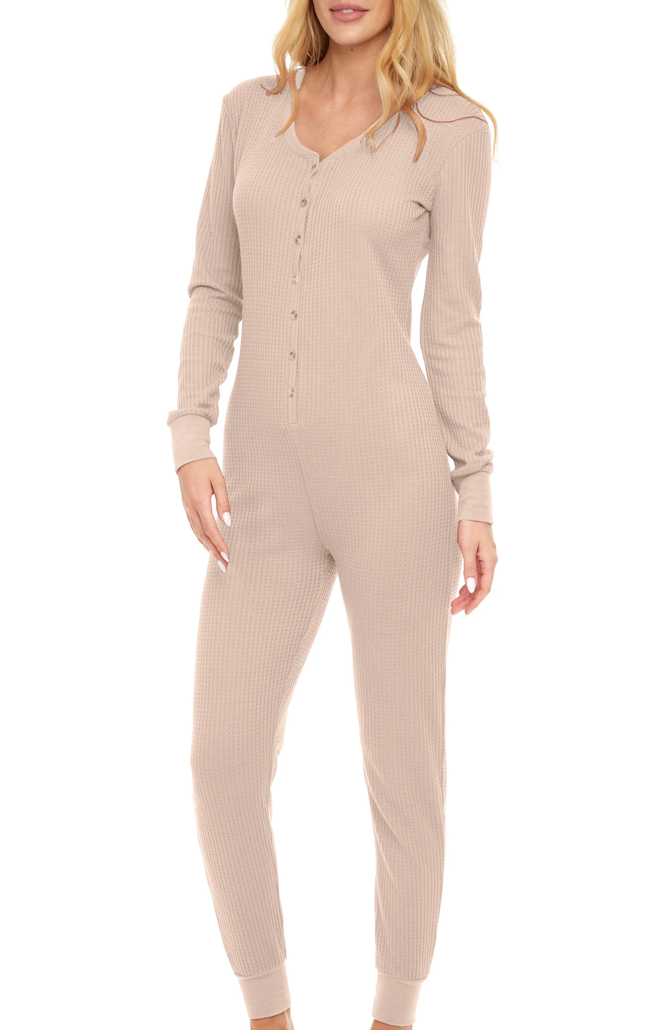 Women's Waffle Knit Thermal Onesie Pajama Romper