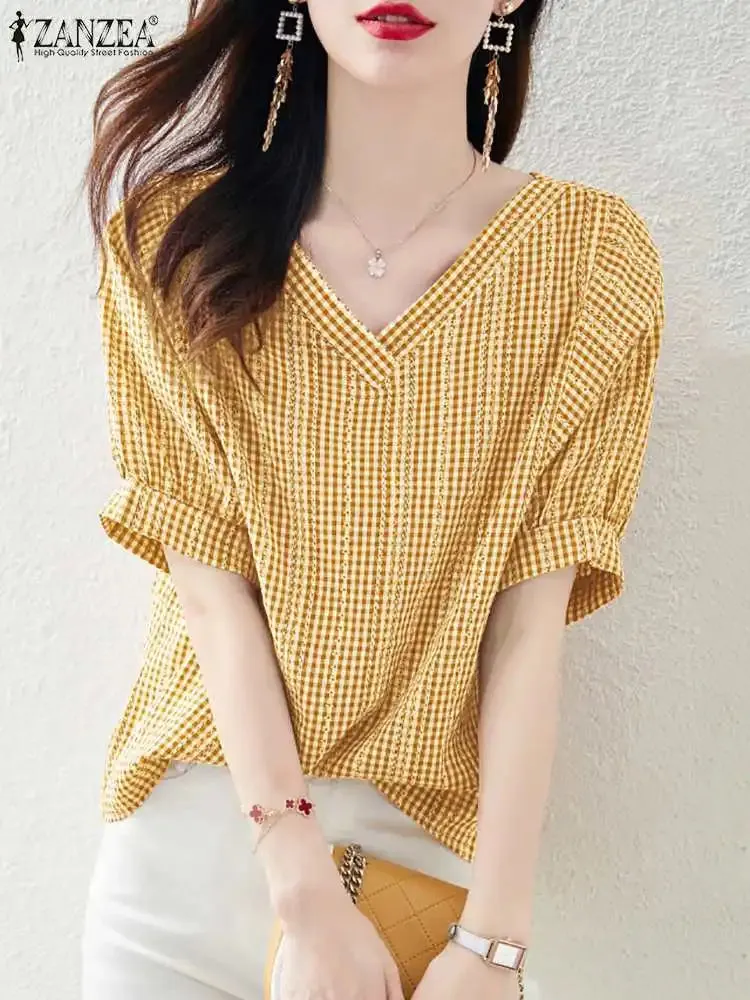 ZANZEA Women V Neck Short Sleeve Blouse 2024 Summer Korean Fashion Plaid Checked Tops Casual Bohemian Holiday Shirt Party Blusas