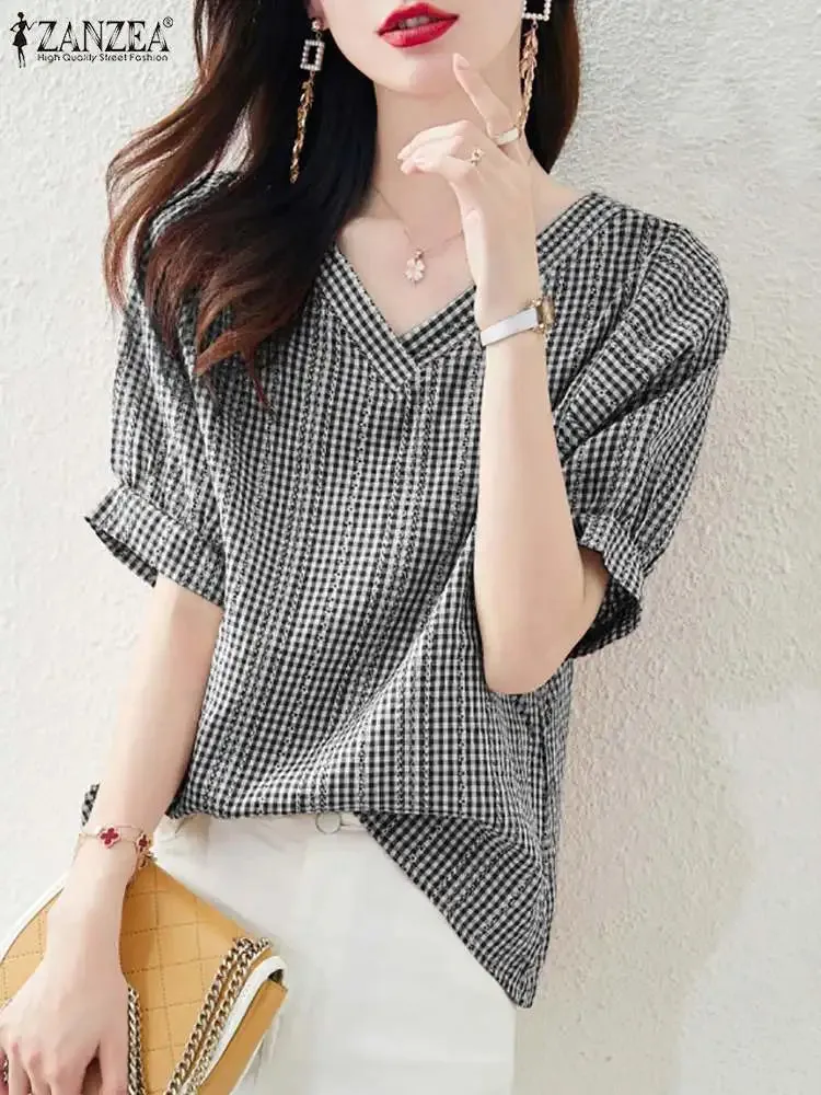 ZANZEA Women V Neck Short Sleeve Blouse 2024 Summer Korean Fashion Plaid Checked Tops Casual Bohemian Holiday Shirt Party Blusas