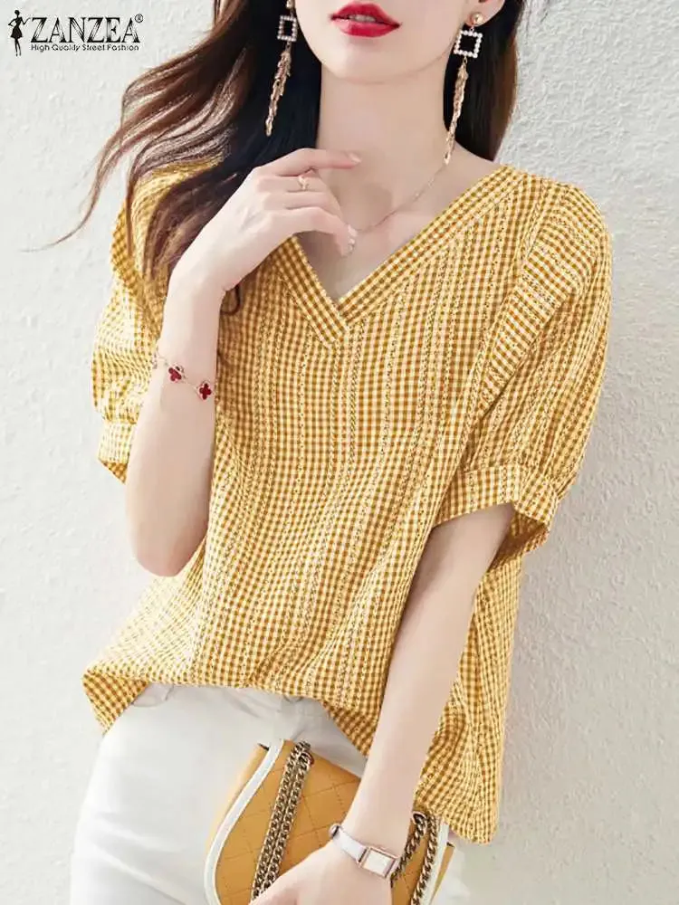 ZANZEA Women V Neck Short Sleeve Blouse 2024 Summer Korean Fashion Plaid Checked Tops Casual Bohemian Holiday Shirt Party Blusas