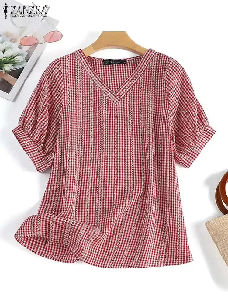 ZANZEA Women V Neck Short Sleeve Blouse 2024 Summer Korean Fashion Plaid Checked Tops Casual Bohemian Holiday Shirt Party Blusas