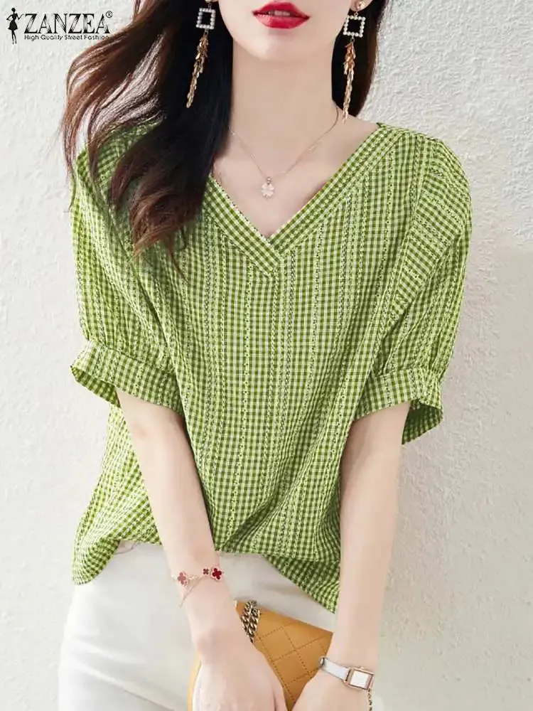 ZANZEA Women V Neck Short Sleeve Blouse 2024 Summer Korean Fashion Plaid Checked Tops Casual Bohemian Holiday Shirt Party Blusas