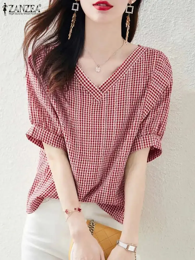 ZANZEA Women V Neck Short Sleeve Blouse 2024 Summer Korean Fashion Plaid Checked Tops Casual Bohemian Holiday Shirt Party Blusas